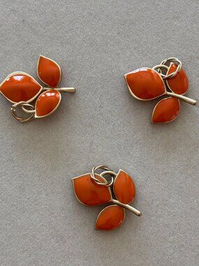 Set of 3 Orange Enamel Leaf Charms – Gold Tone – Vintage Style Jewelry Pendants